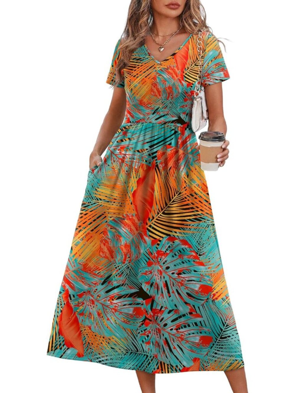 Women's Tropical Sunset Flowy Casual A Line Midi Beach Sundresses With Pocket